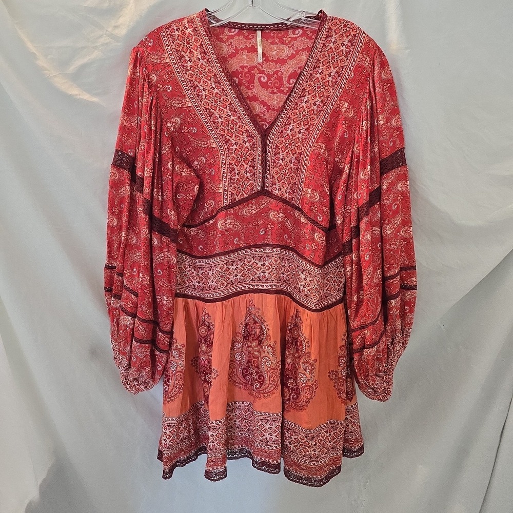 Free People Luna Scarf Print Dress Lace Trim Long Sleeve Boho-chic Peasant Sz S‎